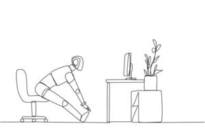 Single continuous line drawing robot sitting in work chair with legs straightened. Robot trains stretching. Practice every day. Artificial intelligence. Technology. One line design illustration vector