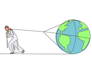Single continuous line drawing Arab man pulls a globe. Struggle knows no fatigue. Play active role in preserving the earth. World environment day. Save the planet. One line design illustration vector