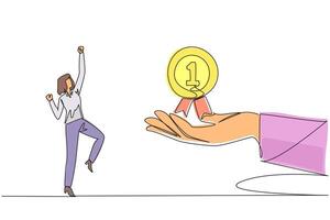 Single continuous line drawing businesswoman was happy to get reward medal from giant hand. Recognition for all hard work. Paid off. The best employee of the year. One line design illustration vector