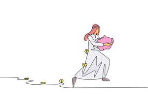 Single continuous line drawing Arabian businessman running while carrying a piggy bank with coins scattered around. Running to save profits. Can't suffer losses. One line design illustration vector