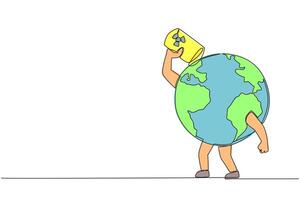 Single continuous line drawing globe drinking oil drums. Exploiting natural resources can also damage earth. Dangerous to earth. The extinction of the ecosystem. One line design illustration vector