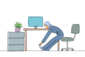 Continuous one line drawing Arabian woman sitting in work chair with legs straightened. Stretching. Focus improves. Not sleepy. Completed work. Hectic. Single line draw design illustration vector