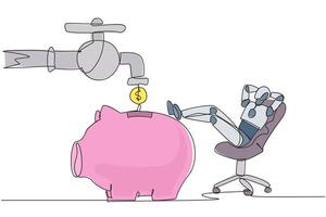Single continuous line drawing a robot sit relax on chair to see money faucet flow into savings piggy bank. Profit-making robot. Lot of profit. Future technology. One line design illustration vector