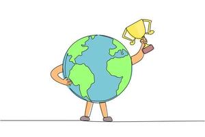 Single one line drawing globe raised the trophy with one of his hands. The best place for all living things. Keeping the earth green. Saving the earth. Continuous line design graphic illustration vector