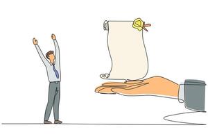 Continuous one line drawing the businessman was excited to get roll of stamped paper from the giant hand. Award as the most successful businessman. Success. Single line draw design illustration vector