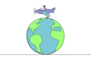 Single one line drawing an airplane driven by a man on a globe. Pollutes healthy air with emitted substances. Harmful to the ozone layer. Environmental. Continuous line design graphic illustration vector