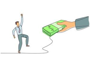 Continuous one line drawing businessman was excited to get a stack of banknotes from giant hand. Get a large capital injection from the board of directors. Single line draw design illustration vector