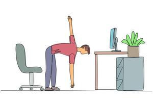 Single continuous line drawing man stands with one hand raised and the other hand holding the tip of leg. Stretch before working overtime on the weekend. Spirit. One line design illustration vector