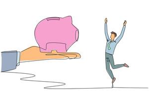 Single continuous line drawing the businessman was happy to get a piggy bank from the giant hand. Get guaranteed retirement money. Live a decent life in old age. One line design illustration vector