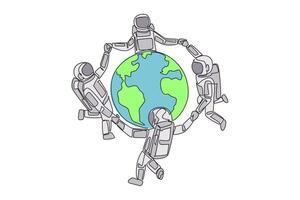 Single continuous line drawing a group of astronauts make a circle around the globe. With pride and joy can protect the earth. Cosmonauts protect the earth. Care. One line design illustration vector