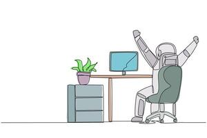 Continuous one line drawing astronaut sit on chair opening and raising his hands. Stretching. Squirming. Releasing fatigue due to lots of work. Spaceman. Single line draw design illustration vector