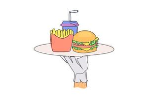 Continuous one line drawing waiter holds food tray serving french fries soft drinks and burger. Fast food. It is not good for body if consumed too often. Single line draw design illustration vector