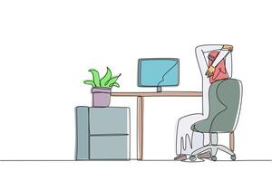 Continuous one line drawing Arab man sitting in a work chair warming up his hands above his head. Avoid being stiff due to making a lot of reports. Hectic. Single line draw design illustration vector