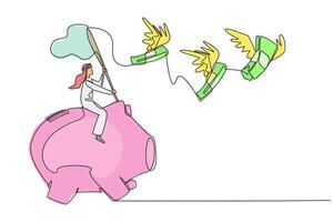 Single one line drawing Arabian businessman riding piggy bank catching flying banknotes. Financial crisis. Work smart to avoid debt. Business must continue. Continuous line design graphic illustration vector