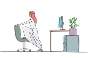 Single continuous line drawing Arab man stands while lifting one of his legs onto a chair. Stretch the legs. Avoid minor injuries to the foot. Exercise and work. One line design illustration vector