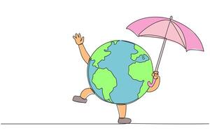 Continuous one line drawing globe holding an umbrella. Protects the earth's ozone layer from perforating. The air remains healthy. No extreme weather. Single line draw design illustration vector