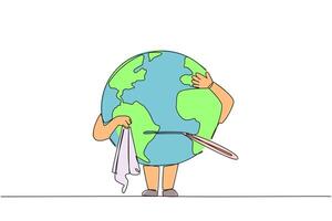 Continuous one line drawing globe chews thermometer while holding handkerchief. Imbalance occurs. The earth's temperature is getting warmer. Global warming. Single line draw design illustration vector