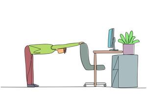 Single continuous line drawing the man bowed while holding his hand on his work chair. Stretch the body. Tense with lots of deadlines. Work overtime on weekends. One line design illustration vector