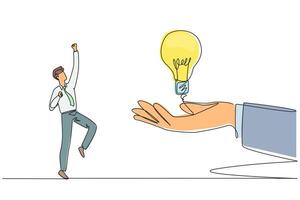 Single one line drawing the businessman is excited to get a lightbulb from a giant hand. Sharing is caring. Getting the best innovation for the business. Continuous line design graphic illustration vector