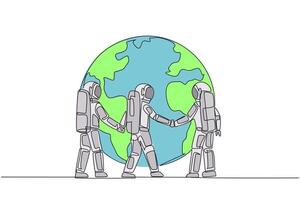 Single continuous line drawing group of astronauts standing arm in arm around globe. The mission to plant as many trees as possible has been completed. Celebration. One line design illustration vector