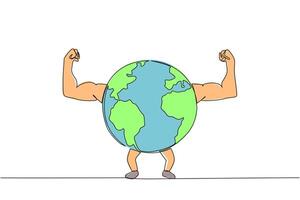 Single one line drawing globe raised both of his muscular arms. Have an active role in protecting the earth. Stay healthy for the sake of a green earth. Continuous line design graphic illustration vector