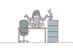 Continuous one line drawing astronaut sitting cross-legged on a work desk. Yoga in the workroom. Meditation for inspiration. Preparing for space expedition. Single line draw design illustration vector