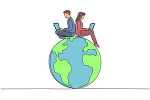 Single one line drawing man and woman sitting on globe typing on a laptop. Plan and create broadcast messages to jointly protect the beauty of the earth. Continuous line design graphic illustration vector