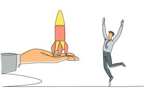 Single one line drawing the businessman is happy to get rocket from the giant hand. Entrusted to take care of newly opened business branches. Get promotion. Continuous line design graphic illustration vector