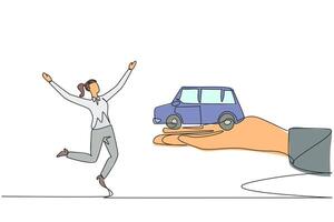 Single continuous line drawing businesswoman excited to get miniature car from giant hand. Electric vehicle prototype. Does not pollute environment. Save energy. One line design illustration vector
