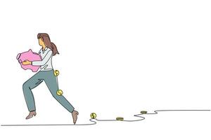 Single one line drawing businesswoman running while carrying a piggy bank with coins scattered around. Moving assets. Trying the best not to lose it. Save. Continuous line design graphic illustration vector