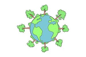 Single one line drawing globe with forest. Beautiful environment. Produces lot of oxygen. Natural food sources are available everywhere. Protect the earth. Continuous line design graphic illustration vector