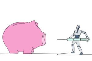 Single continuous line drawing robot holding big syringe and wants to inject it into a big piggy bank. Large cash injection. Help keep research going. Future tech. One line design illustration vector