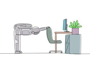 Single one line drawing astronaut bowed while holding his hand on his work chair. Stretching. Eliminates excessive nervousness. Preparing for expedition. Continuous line design graphic illustration vector