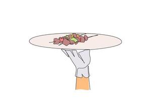 Continuous one line drawing the waiter holds food tray serving kebabs. Traditional Turkish food. Generally use lamb. Grilled meat. Beef. Delicious. Skewer. Single line draw design illustration vector