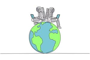 Single one line drawing two astronauts sitting typing laptop on globe. Make expedition reports about air quality on earth. Cosmonaut protect the earth. Continuous line design graphic illustration vector