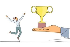 Continuous one line drawing the businesswoman was happy to get a trophy from the giant hand. Awards from the community. Trigger for more success. Profit. Single line draw design illustration vector