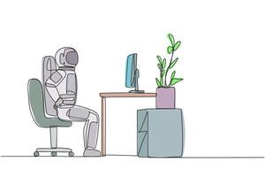 Continuous one line drawing astronaut sitting in a work chair with hands holding his waist. Stretching the waist. Nervousness makes it feel stiff. Spaceman. Single line draw design illustration vector