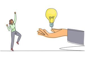 Single one line drawing the businesswoman is excited to get a lightbulb from a giant hand. Sharing is caring. Getting the best brilliant idea for business. Continuous line design graphic illustration vector