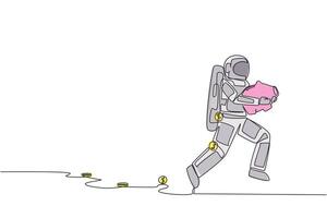 Continuous one line drawing young astronaut running while carrying a piggy bank with coins scattered around. Saving space expedition investments. Cosmonaut. Single line draw design illustration vector