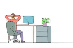 Single one line drawing man sitting in chair with his hands holding the back of head. Seen from behind. Work overtime on weekends. Remote work. Monitoring. Continuous line design graphic illustration vector