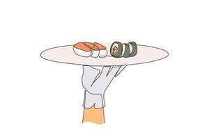 Single continuous line drawing waiter holding food tray serving sushi. Fish and vegetables wrapped in rice and mixed with vinegar. Typical food from Asia. Seafood. One line design illustration vector