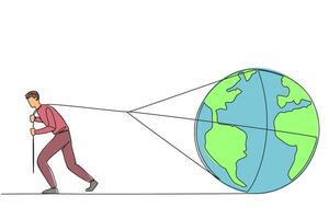 Continuous one line drawing a man pulls a globe. A real action to make the earth a better place. Keep away from pollution that can damage the ozone layer. Single line draw design illustration vector