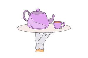 Single one line drawing waiter holding food tray serving tea set. Relaxed atmosphere in the restaurant. Calming the mind. Able to increase body immunity. Continuous line design graphic illustration vector