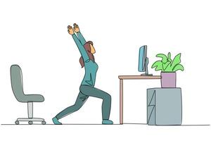 Single one line drawing woman stands with both hands raised and legs stretched. Relax while working. Calming mind. Focus even if work overtime on weekends. Continuous line design graphic illustration vector