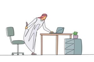 Single continuous line drawing Arab man standing with one leg raised and his hand typing on a laptop. Keep doing light exercise even though have an online meeting. One line design illustration vector