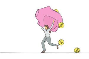 Single continuous line drawing businesswoman running lifting a big piggy bank on shoulders. Dollar symbol coin falling. Save investment. Assets to continue to grow. One line design illustration vector