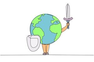 Continuous one line drawing globe holds a shield and sword. Guardian of the earth. Always ready to be relied on. Guardian of the cleanliness of the earth. Single line draw design illustration vector