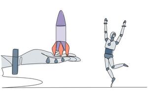Single continuous line drawing a smart robot is happy to get rocket from the giant hand. Futuristic future technology. The algorithm allows it to fly. Best update. One line design illustration vector