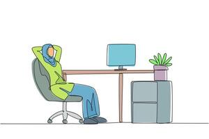 Continuous one line drawing relaxed Arabian woman sitting in a work chair with her hands behind her head. Relax after completing a lot of work. Stretching. Single line draw design illustration vector