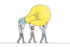 Single continuous line drawing a group of businessmen and businesswomen work together to carrying a lightbulb. Providing innovation. Brilliant idea. Enlightening. One line design illustration vector